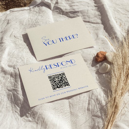 Moderne QR Code Blauw Retro Frans Whimsical Bruilo RSVP Kaartje