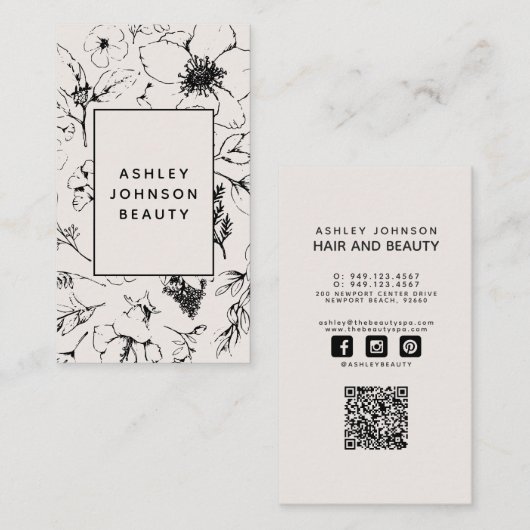 Moderne QR Code Botanische Blush en Zwart Visitekaartje (Voorkant / Achterkant)