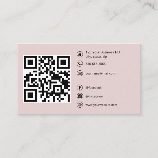 Moderne QR Code Custom Social Media Blush Roze Visitekaartje (Voorkant)