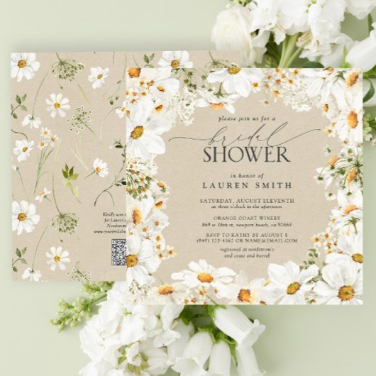 Moderne QR Code Elegant Daisy Rustiek Vrijgezellen Kaart