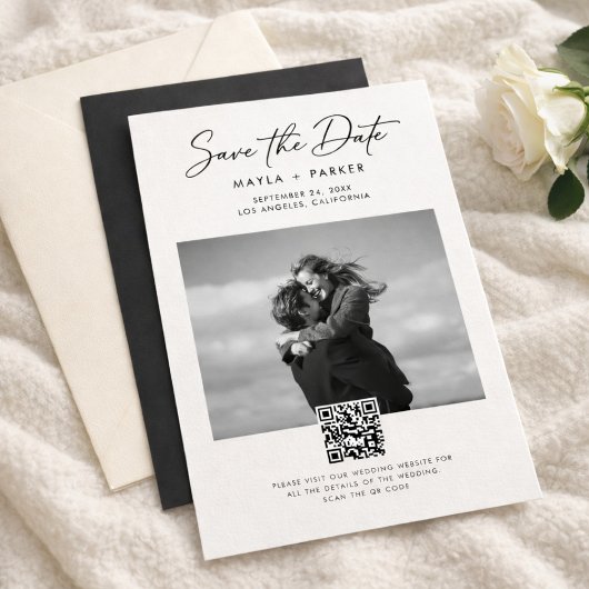 Moderne QR-code Elegante Foto Bruiloft Save the Da Date