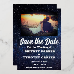 Moderne QR-code Foto Celestial Galaxy Wedding Folie Uitnodiging