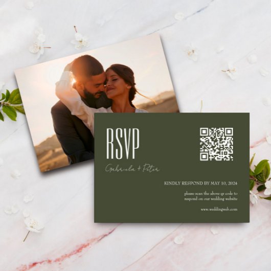 Moderne QR Code Foto Minimalist Olive Green RSVP Kaartje