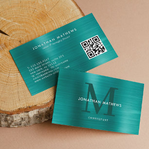Moderne QR-code geborsteld metallisch Blauwgroen m Visitekaartje