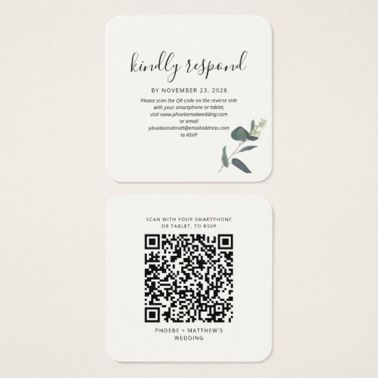 Moderne QR Code Greenery RSVP Weddenschap Enclosur Vierkante Visitekaartjes (Voorkant /achterkant)