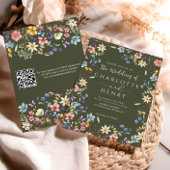 Moderne QR-code Olive Rustic Wildflower Wedding Kaart