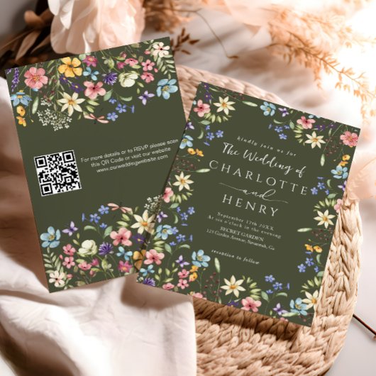 Moderne QR-code Olive Rustic Wildflower Wedding Kaart