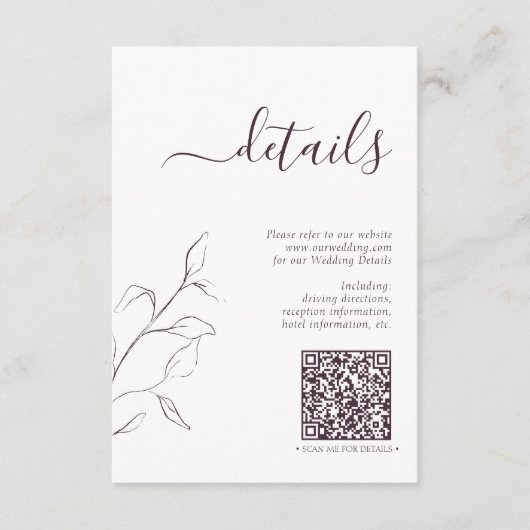 Moderne QR Code Plum Paars Wedding Details Informatiekaartje (Voorkant)