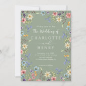 Moderne QR-code Sage Green Wildflower Wedding Kaart (Voorkant)