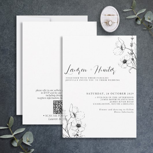 Moderne QR Code Script Black White Floral Wedding Kaart