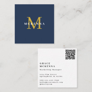 Moderne QR-code Zakelijke Kaart Navyblauw en Goud Vierkante Visitekaartje