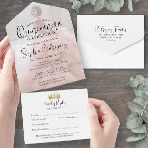 Moderne Quinceañera foto overlay 15e verjaardag All In One Uitnodiging
