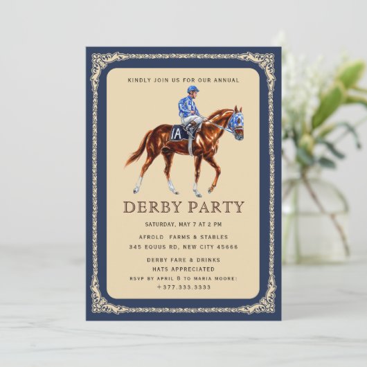 Moderne Race Paard Derby Party Ruitersport Invitat Kaart (Staand voorkant)