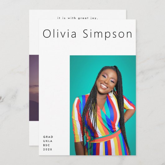 Moderne rand Simple White Photo Black Onyx Afstude Aankondiging (Voorkant / Achterkant)