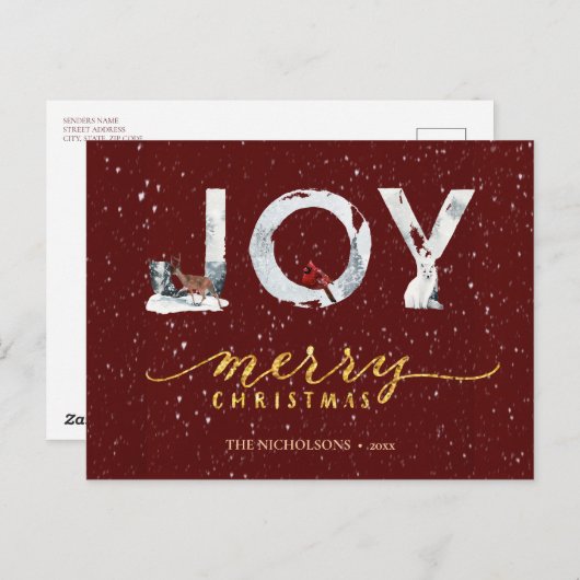 Moderne Red Elegant Gold Script JOY Snow-bedekking Feestdagenkaart (Voorkant / Achterkant)