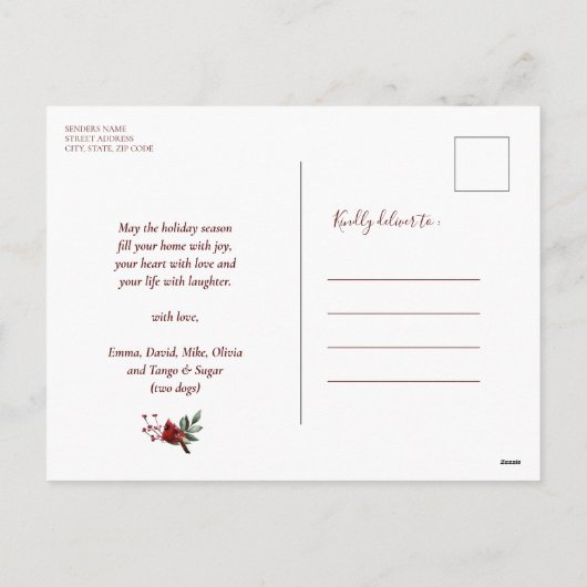 Moderne Red Elegant Gold Script JOY Snow-bedekking Feestdagenkaart (Achterkant)