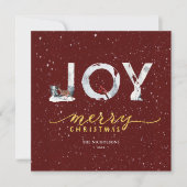 Moderne Red Elegant Gold Script JOY Snow-bedekking Feestdagenkaart (Voorkant)