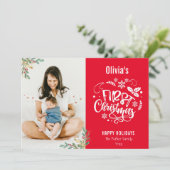 Moderne Red Elegant Script Baby eerste Kerstmis Feestdagenkaart (Staand voorkant)