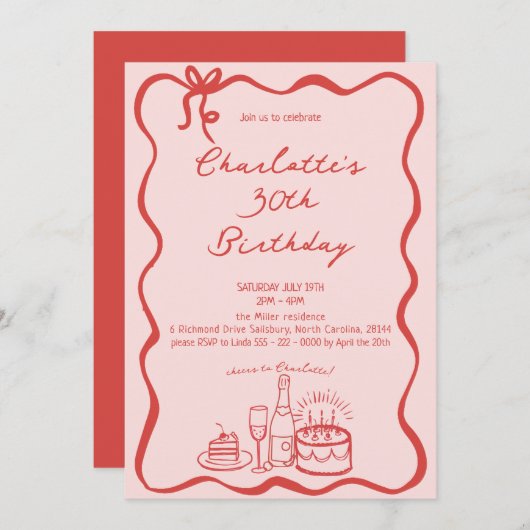 MODERNE RED Hand Drawn 30th Birthday Invitation (Devant / Derrière)