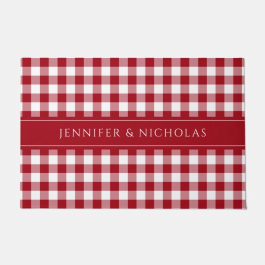 Moderne Red Plaid Gingham naam Deurmat (Voorkant)