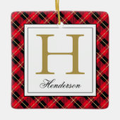Moderne Red Pset Check Gold Accenten, monogrammen Keramisch Ornament (Voorkant)