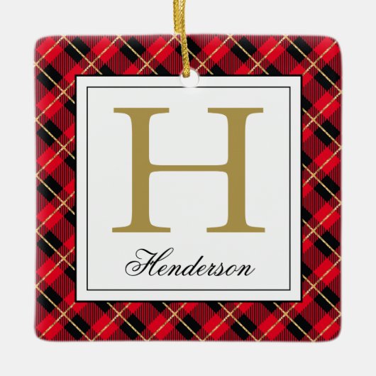 Moderne Red Pset Check Gold Accenten, monogrammen Keramisch Ornament (Voorkant)