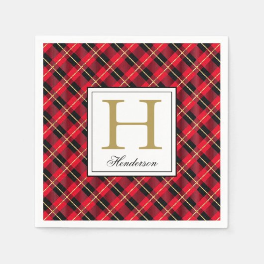 Moderne Red Pset Check Gold Accenten, monogrammen Servet (Voorkant)