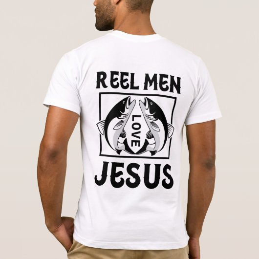 Moderne 'Reel Mannen Love Jesus' T-Shirt Design (Achterkant)