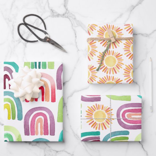 Moderne regenbogen & Sun Pattern Birthday Party Inpakpapier Vel (Voorkant)
