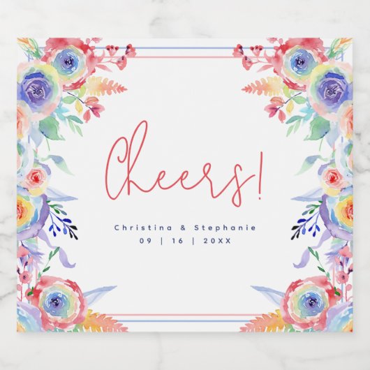 Moderne Regenboog Bloemen LGBTQ Bruiloft Sparkling Wijnetiket (Enkel label)