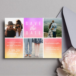 Moderne regenboog glitter 3 foto collage bruiloft save the date