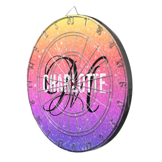 Moderne regenboog glitter monogram naam dart board dartbord (Voorkant Rechts)