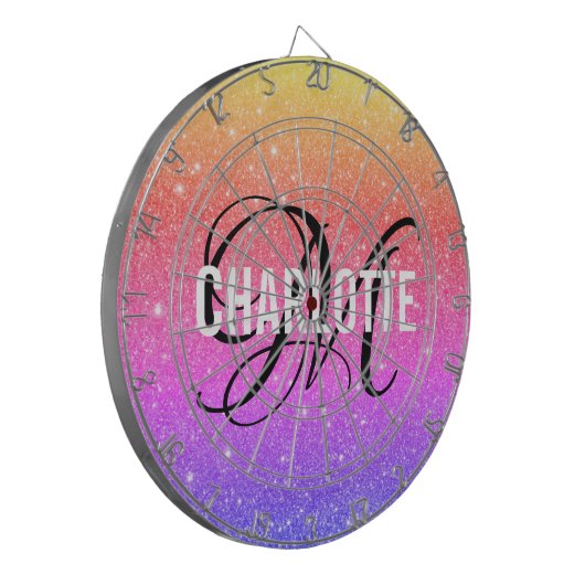 Moderne regenboog glitter monogram naam dart board dartbord (Voorkant Links)