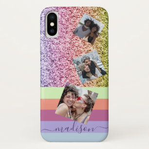 Moderne regenboog Glitter Photo Collage Monogram iPhone X Hoesje