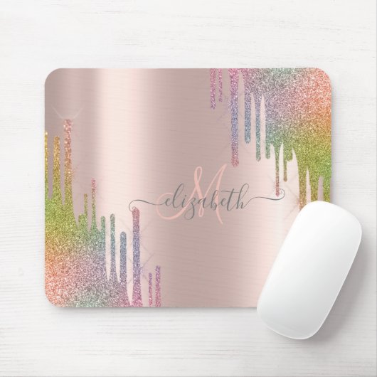 Moderne regenboog Glitter Roos Gold Monogram Muismat (Met muis)