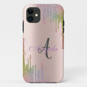 Moderne regenboog glitterslierten, roosgoud, Monog iPhone 11 Hoesje