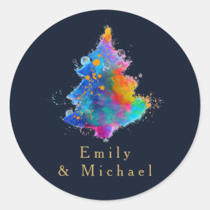Moderne Regenboog Kerstboom Marineblauw Op Maat Ronde Sticker