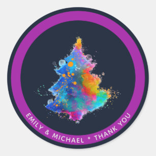 Moderne Regenboog Kerstboom Navy Blauwe Maatwerk Ronde Sticker