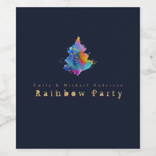 Moderne Regenboog Kerstboom Navyblauw Goud Wijn Etiket (Enkel label)