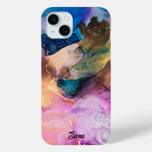 Moderne regenboog kleurrijke gemarmerde  naam iPhone 15 mini hoesje