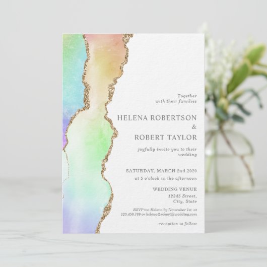 Moderne regenboog pastel eenhoorn bruiloft uitnodi kaart (Staand voorkant)