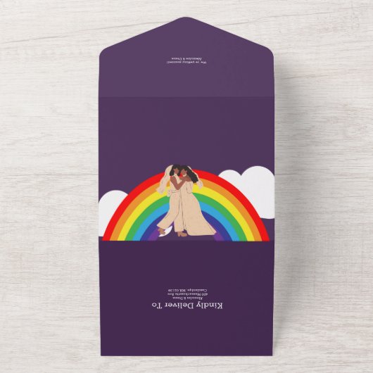 Moderne regenboog twee bruidjes LGBTQ bruiloft All In One Uitnodiging (Buitenkant)