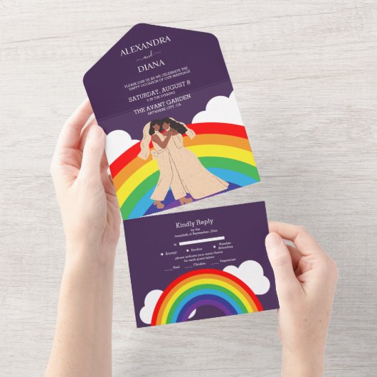 Moderne regenboog twee bruidjes LGBTQ bruiloft All In One Uitnodiging (Afscheurbaar)
