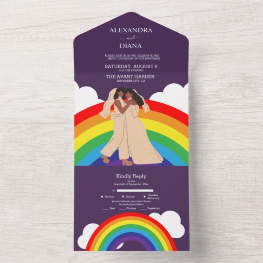Moderne regenboog twee bruidjes LGBTQ bruiloft All In One Uitnodiging (Binnen)