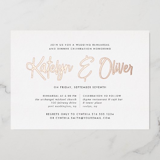 Moderne repetitie met handtekeningen Dinner Roos G Folie Uitnodiging (Voorkant)