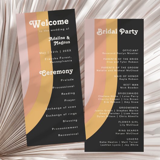 Moderne Retro 70's Rainbow Dark Wedding Programme