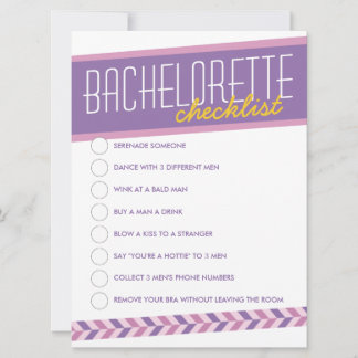 Moderne Retro Bachelorette Checklist Kaart (paarse