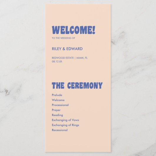 Moderne Retro & Bold Blauw Beige bruiloft Programma (Voorkant)