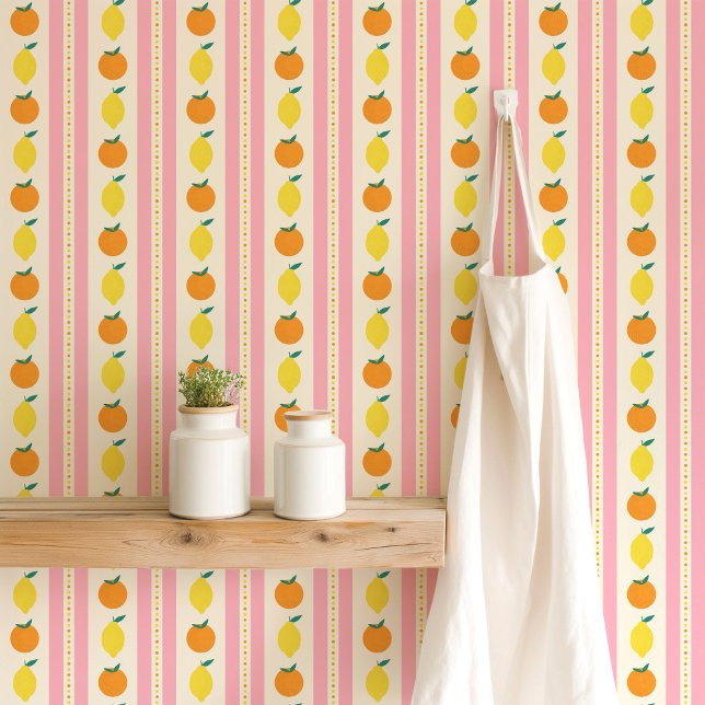Moderne Retro Citrus Strepen Roze Behang (Creator heeft geüpload)