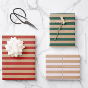 Moderne Retro Crème Rood Groene Stripes Kraft Inpakpapier Vel